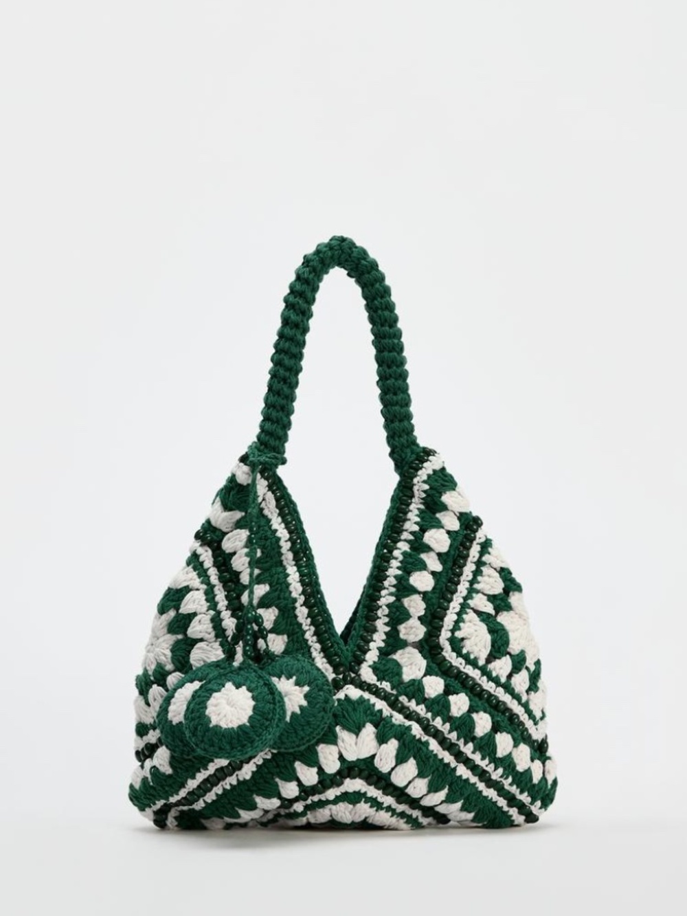 ZARA Green Cream Crochet Bucket Shoulder Bag Beaded Boho